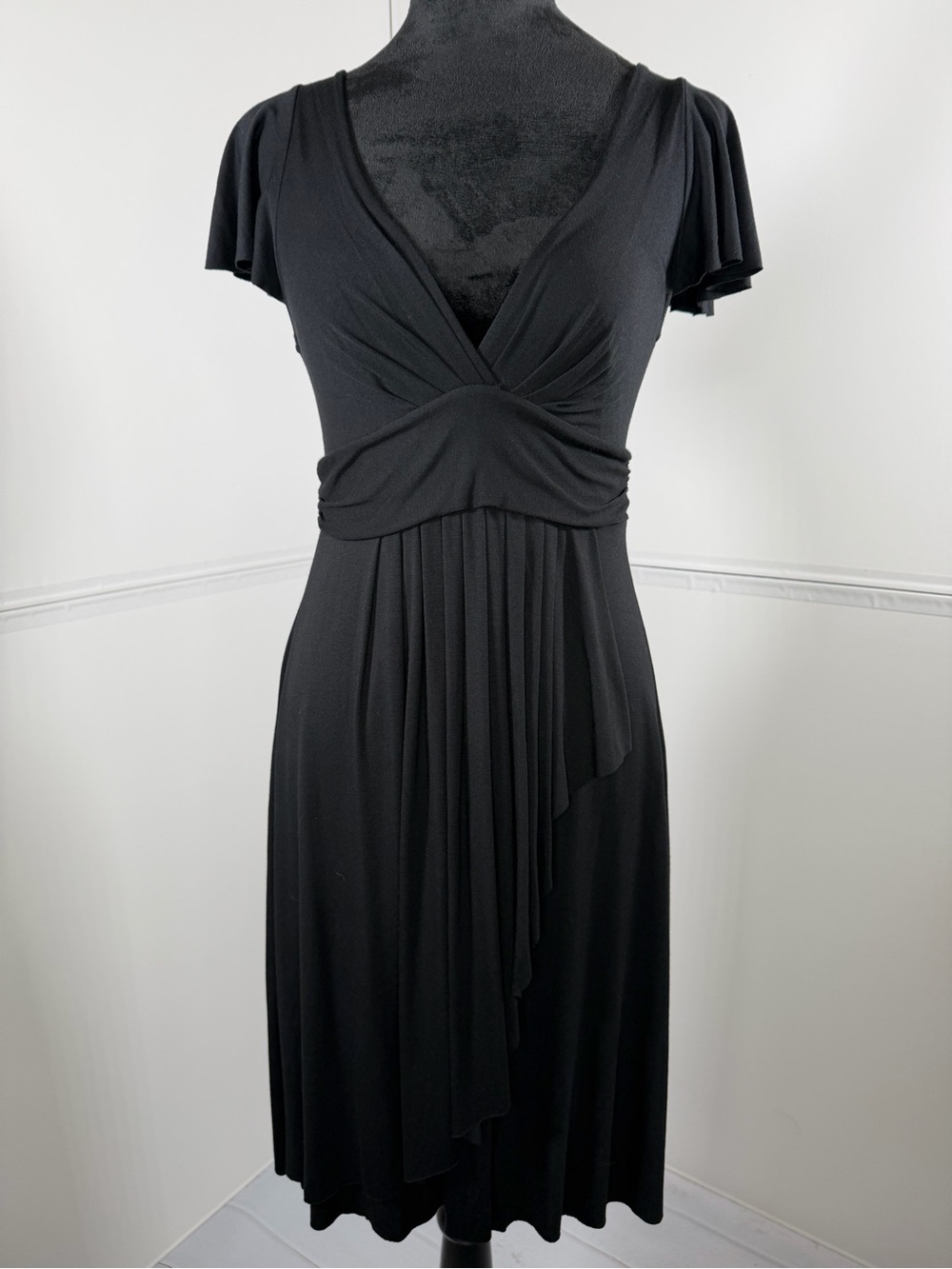 KLD Signature Black Faux Wrap Midi Dress Flutter Sleeve Size Medium